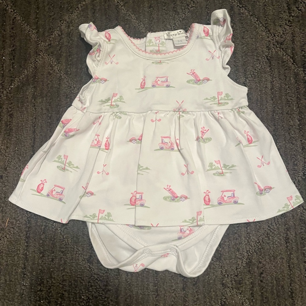 Kissy Kissy White and Pink Skirted Baby Dress with Golf Print 3-6M